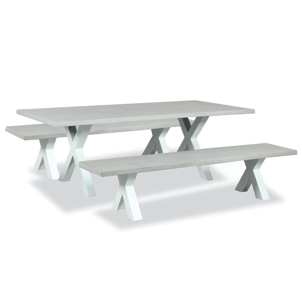 Switch Outdoor Dining Bench Seat Cement Top X legs white MacLeod's