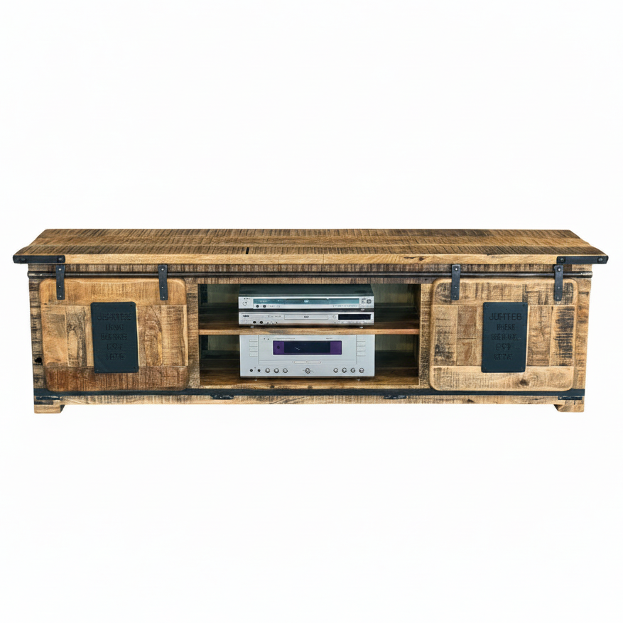 A rustic TV stand or media console made from reclaimed pallet wood, featuring two hinged doors with black metal hardware and a central open shelf holding audio equipment, shown against a plain white background.