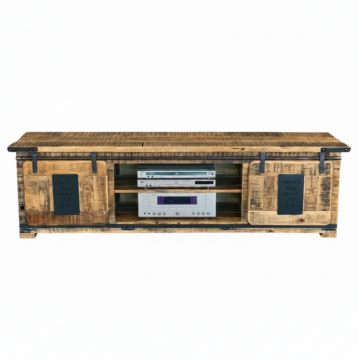 A rustic TV stand or media console made from reclaimed pallet wood, featuring two hinged doors with black metal hardware and a central open shelf holding audio equipment, shown against a plain white background.