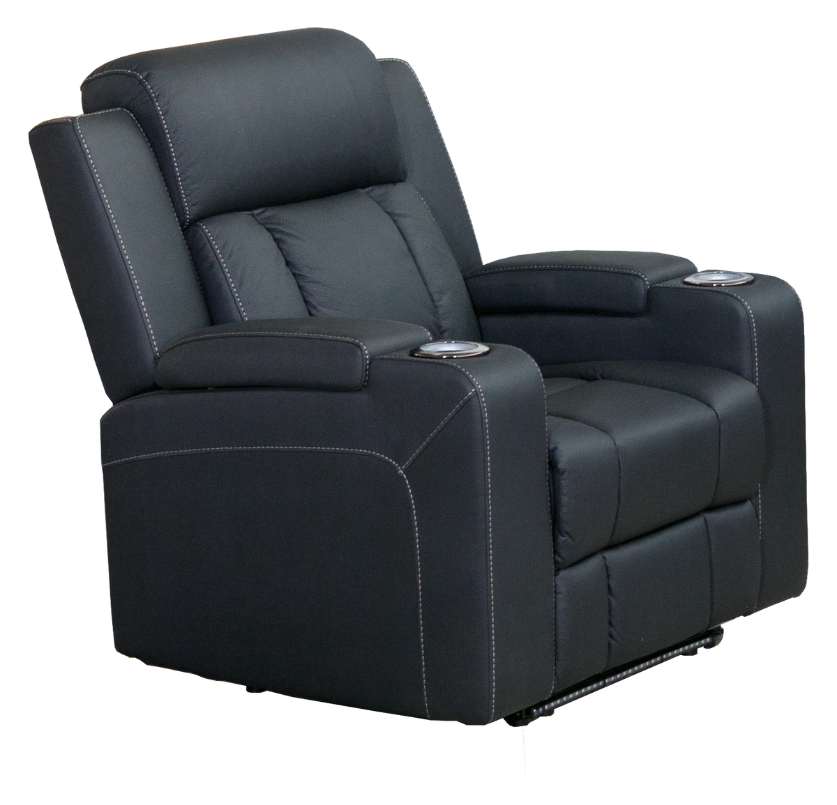 Black recliner chair with cup holders on a white background