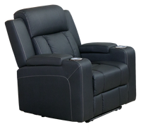 Black recliner chair with cup holders on a white background