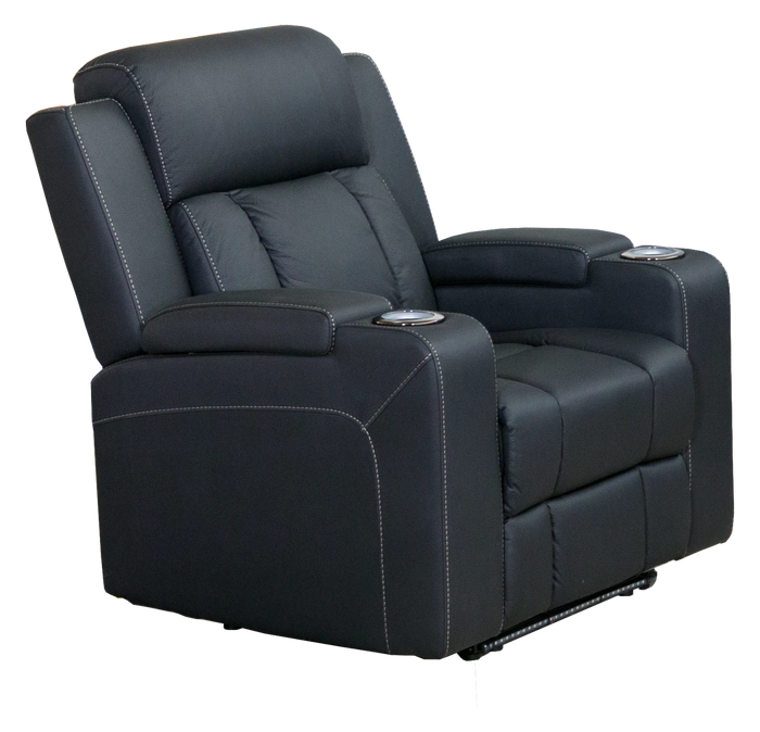 Black recliner chair with cup holders on a white background