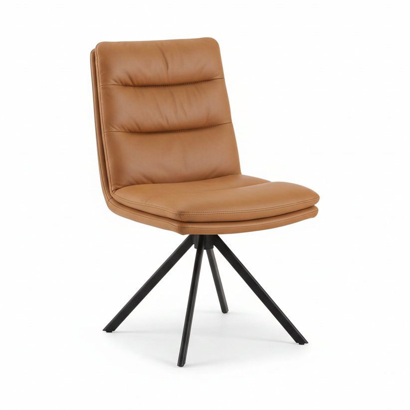 A modern swivel dining chair with a tan leather upholstered seat and backrest, supported by a black metal four-star base, shown against a plain white background.