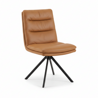 A modern swivel dining chair with a tan leather upholstered seat and backrest, supported by a black metal four-star base, shown against a plain white background.