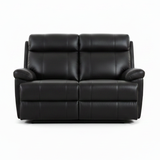 Black leather two-seater loveseat sofa with padded backrest, armrests, and tufted seat panels, shown from the front on a white background.
