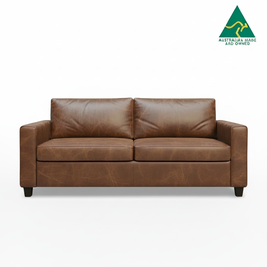 Brown leather sofa on a white background with 'Australian Made and Owned' logo.