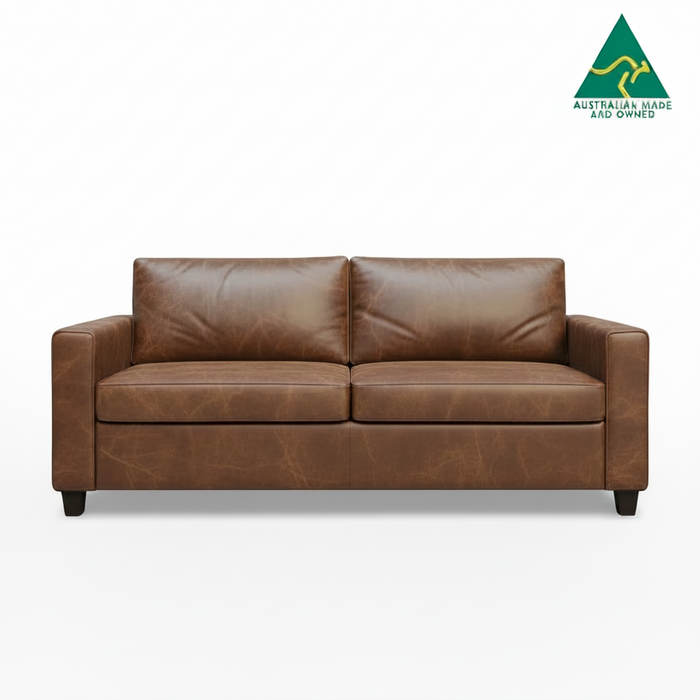 Brown leather sofa on a white background with 'Australian Made and Owned' logo.