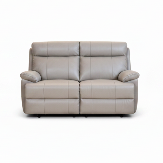 A two-seater power reclining loveseat sofa upholstered in light taupe leather, shown from the front against a plain white background.