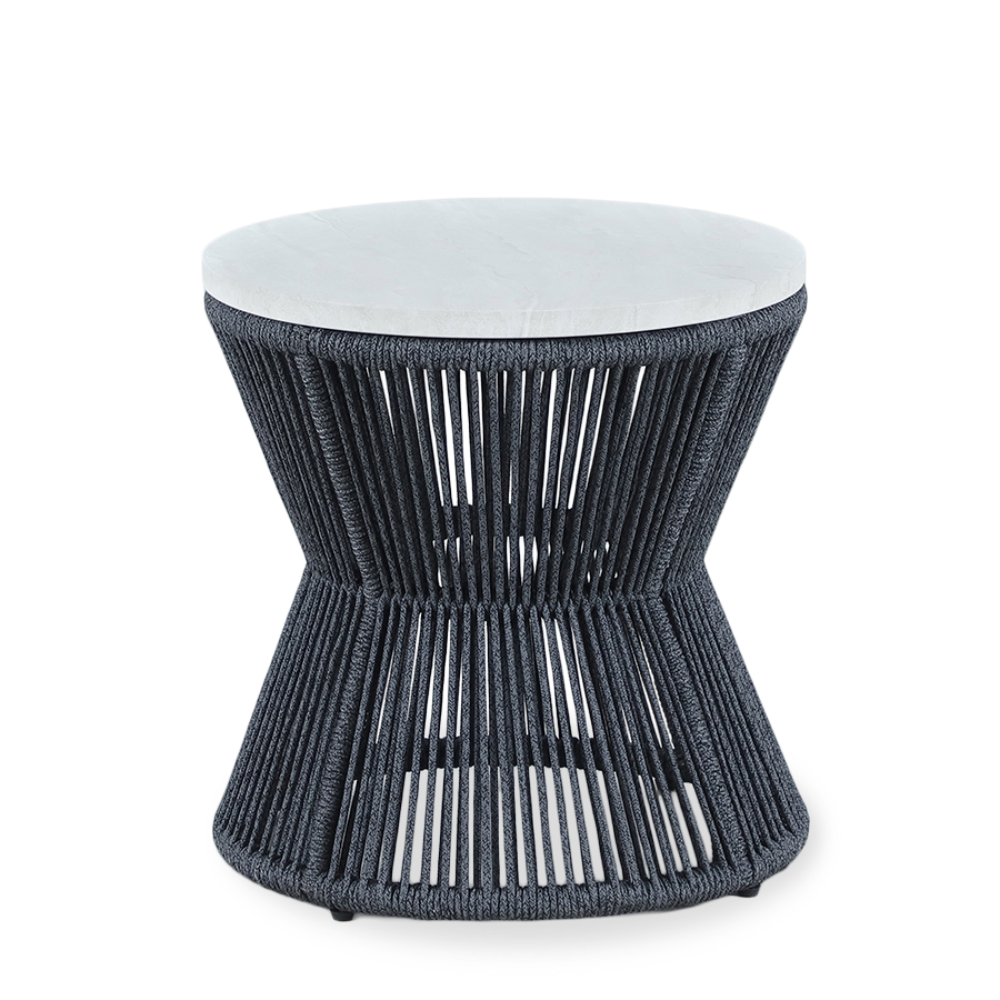 A modern round side table with a dark gray woven rope base and a light gray cushioned top, shown against a plain white background.