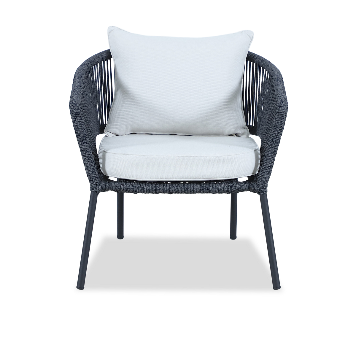 A modern outdoor armchair with a dark gray woven frame and three white cushions, shown against a plain white background.