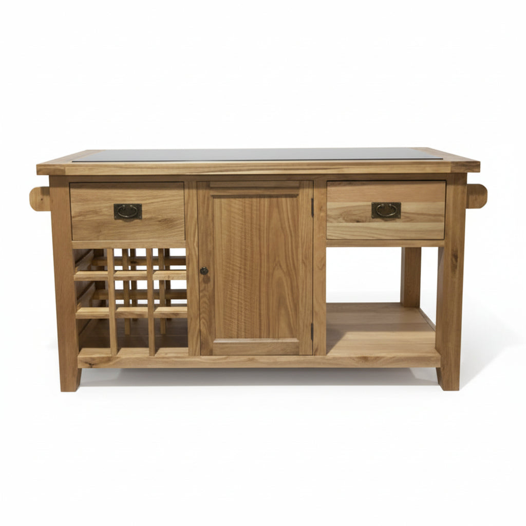 A rustic light oak wood kitchen island or bar cart with a black stone top, featuring a wine rack on the left, a central cabinet door, two drawers on the right, and an open shelf below.