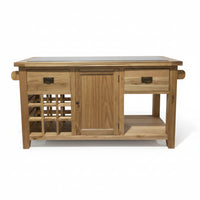 A rustic light oak wood kitchen island or bar cart with a black stone top, featuring a wine rack on the left, a central cabinet door, two drawers on the right, and an open shelf below.