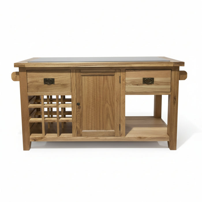 A rustic light oak wood kitchen island or bar cart with a black stone top, featuring a wine rack on the left, a central cabinet door, two drawers on the right, and an open shelf below.