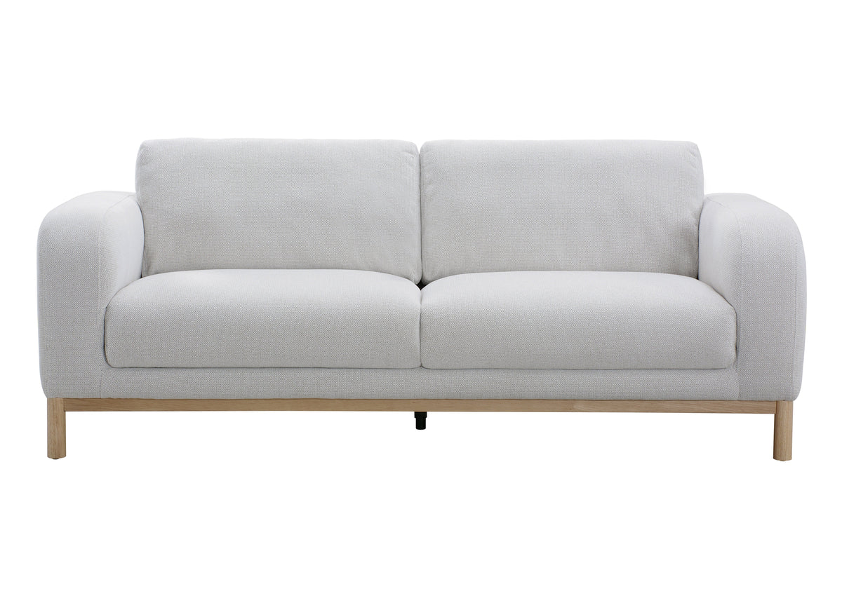 A modern two-seater sofa with light gray textured upholstery and light natural wood legs, shown against a plain white background.