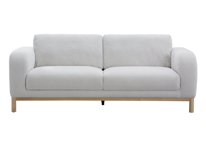 A modern two-seater sofa with light gray textured upholstery and light natural wood legs, shown against a plain white background.