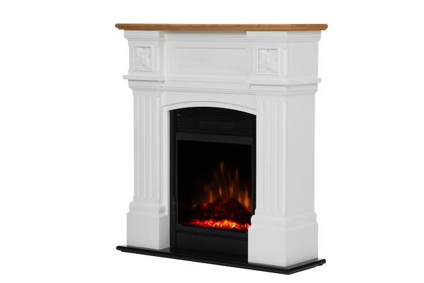 Electric fireplace with heater with white and oak mantle.