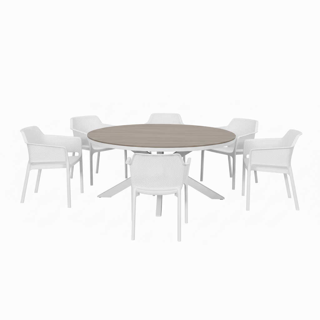 An outdoor dining set featuring a round gray wood-grain table surrounded by six white woven plastic chairs, set against a solid white background.