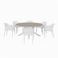 An outdoor dining set featuring a round gray wood-grain table surrounded by six white woven plastic chairs, set against a solid white background.