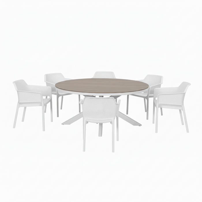 An outdoor dining set featuring a round gray wood-grain table surrounded by six white woven plastic chairs, set against a solid white background.