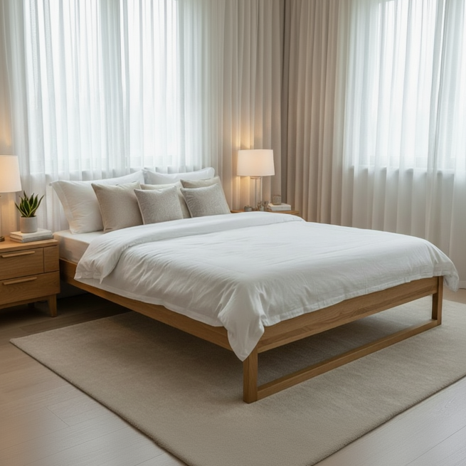 A modern wooden bed frame with white bedding and multiple pillows, styled in a bright, minimalist bedroom with matching nightstands, lamps, and sheer curtains.