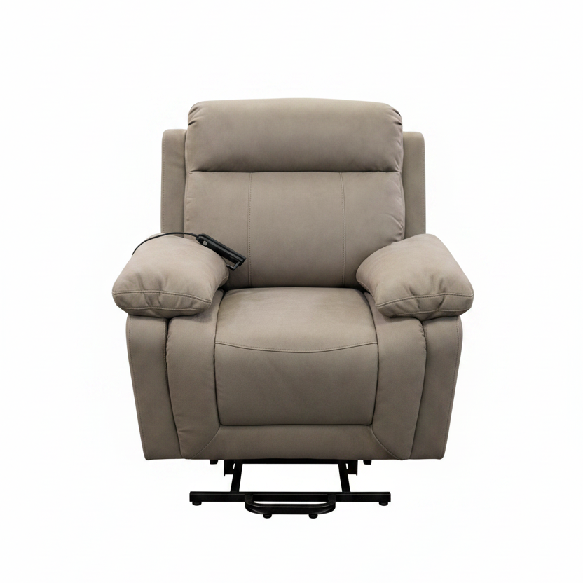 A beige upholstered recliner chair with padded armrests and a black metal base, shown against a plain white background.