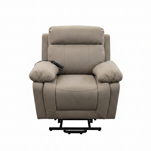 A beige upholstered recliner chair with padded armrests and a black metal base, shown against a plain white background.