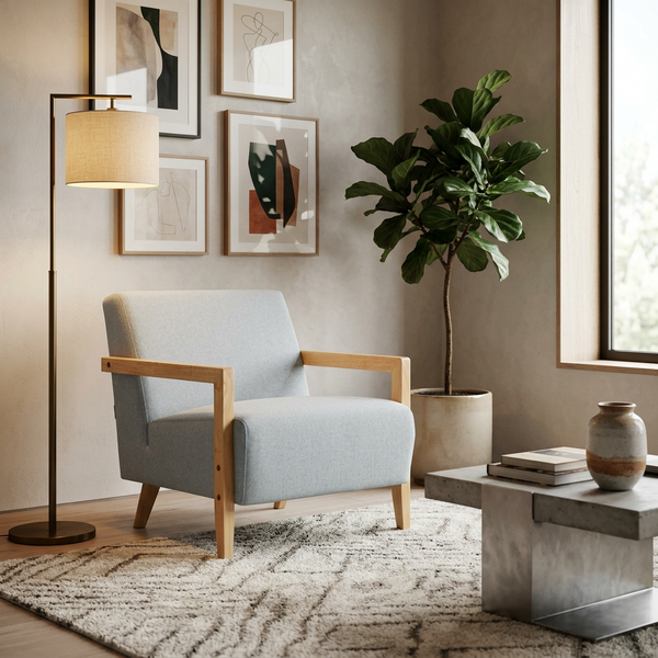 A modern light blue upholstered armchair with natural wood arms and legs, styled in a minimalist living room next to a concrete side table, a floor lamp, and a potted fiddle-leaf fig plant.