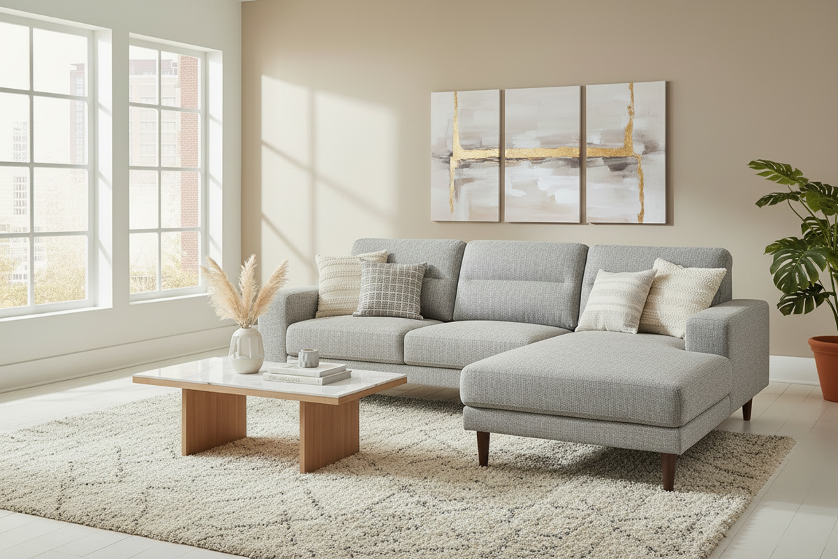 A light gray upholstered sectional sofa with a chaise lounge, styled in a bright modern living room with a beige rug, wooden coffee table, and abstract wall art.
