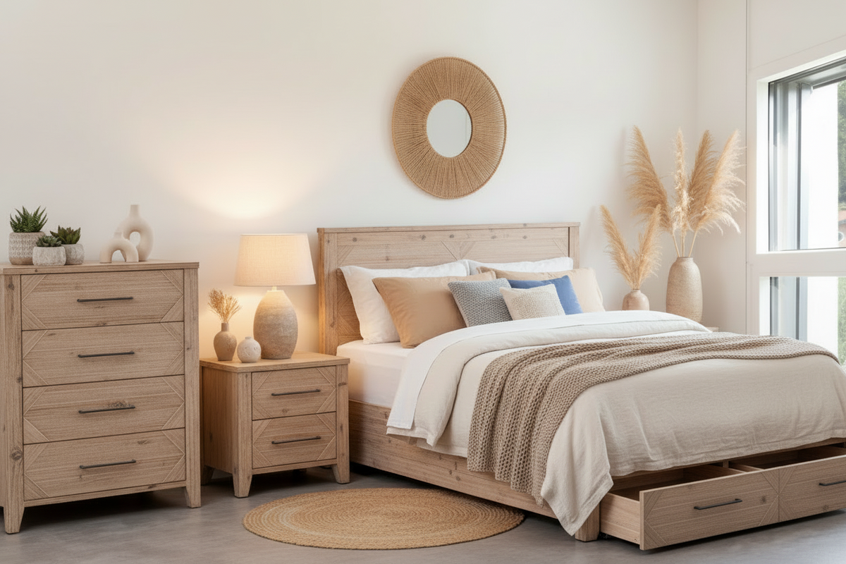 A styled bedroom scene featuring a light natural wood bed frame with a matching nightstand and dresser, dressed in neutral beige and cream bedding. Decorative elements include a round woven wall mirror, a small round rug, and dried pampas grass in a vase near a window.