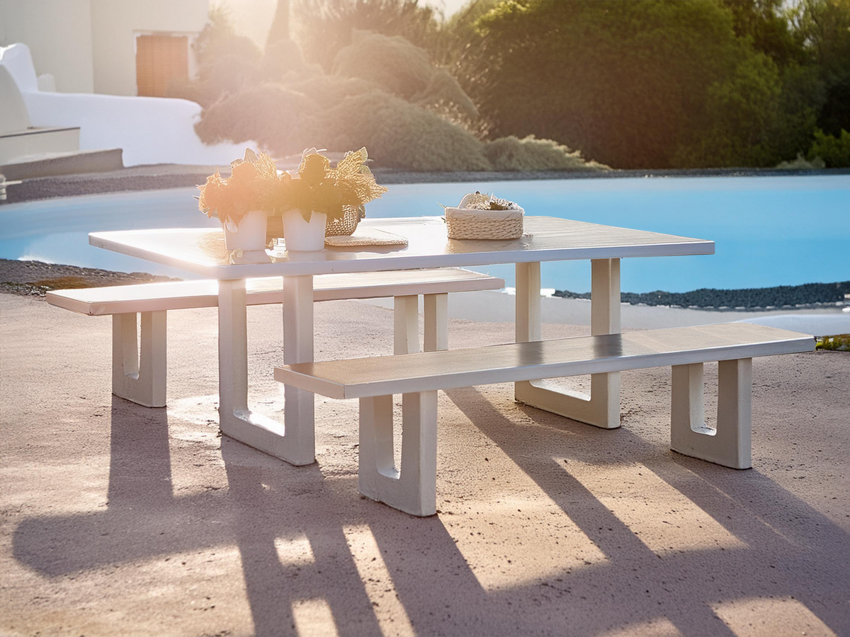 Switch Outdoor Dining Bench Seat Cement Top U legs white