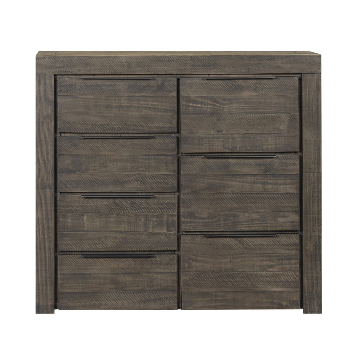 Wooden dresser with multiple drawers on a white background