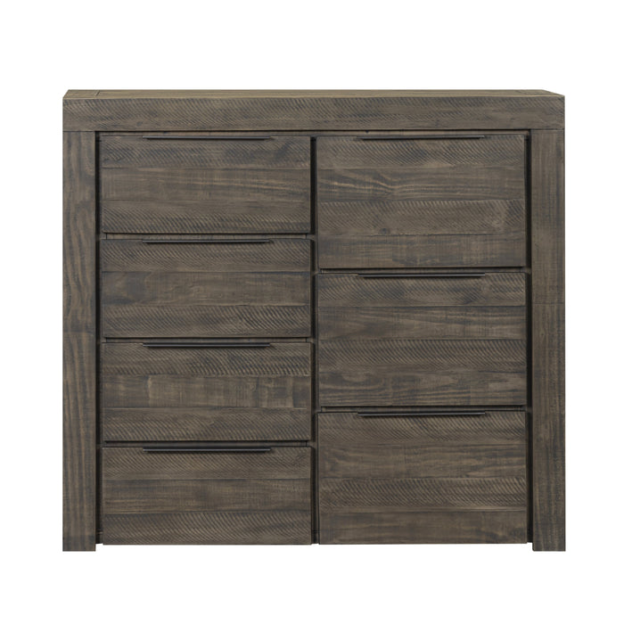 Wooden dresser with multiple drawers on a white background