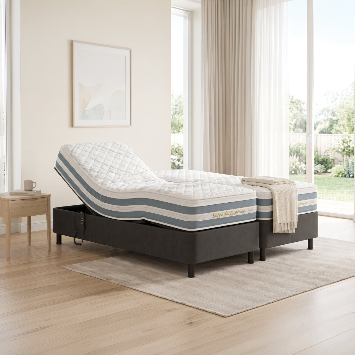 An adjustable electric motorized bed frame with a white quilted mattress, shown in a bright, modern bedroom setting with light wood floors, beige walls, and large windows.