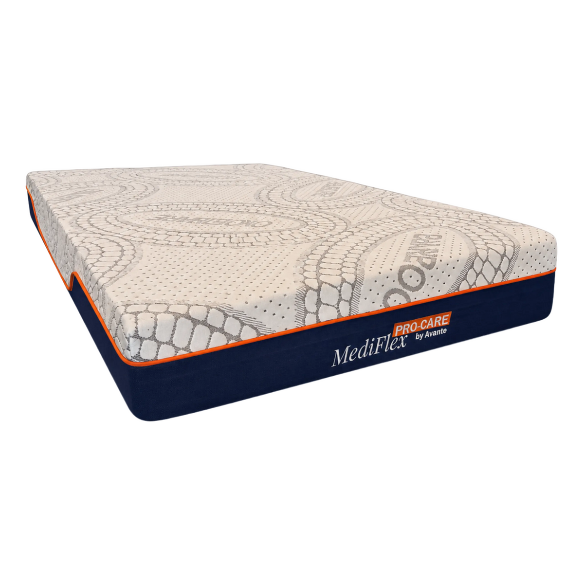 A Mediflex by Nature Pro-Care mattress shown at an angle on a light gray background with diagonal stripes. The mattress features a cream-colored patterned top with a dotted texture and a dark navy blue side bolster with orange and white branding.