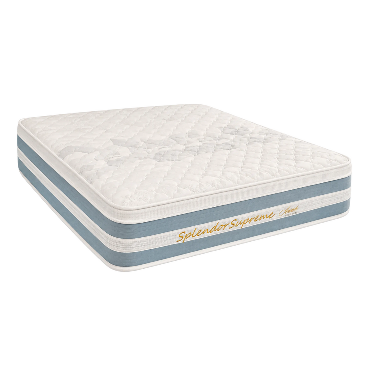 A quilted mattress shown at an angle on a light gray background with diagonal lines. The mattress has a white quilted top, blue side stripes, and gold script text reading 'Splendor Supreme'.