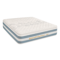 A quilted mattress shown at an angle on a light gray background with diagonal lines. The mattress has a white quilted top, blue side stripes, and gold script text reading 'Splendor Supreme'.