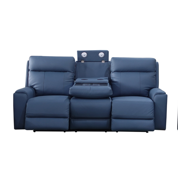 A three-seat reclining sofa in dark blue leather, featuring a central armrest with built-in cup holders and a headrest with dual circular lights, shown against a plain white background.