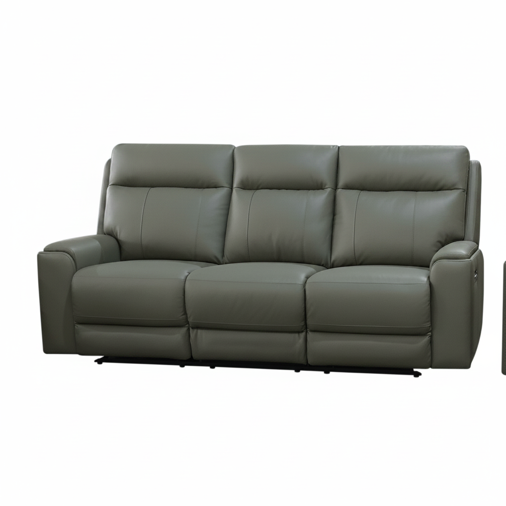 A three-seat power reclining sofa upholstered in dark gray leather, shown from a three-quarter angle against a plain white background.
