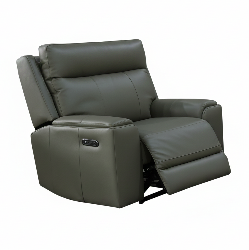 A dark gray leather recliner chair shown in a side profile with the footrest extended, on a solid white background.
