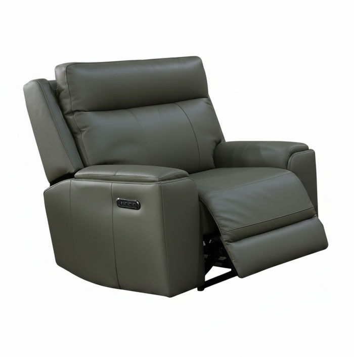 A dark gray leather recliner chair shown in a side profile with the footrest extended, on a solid white background.