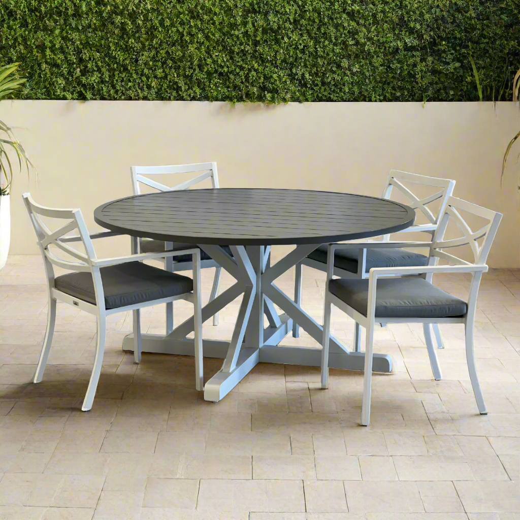 white outdoor dining suite round